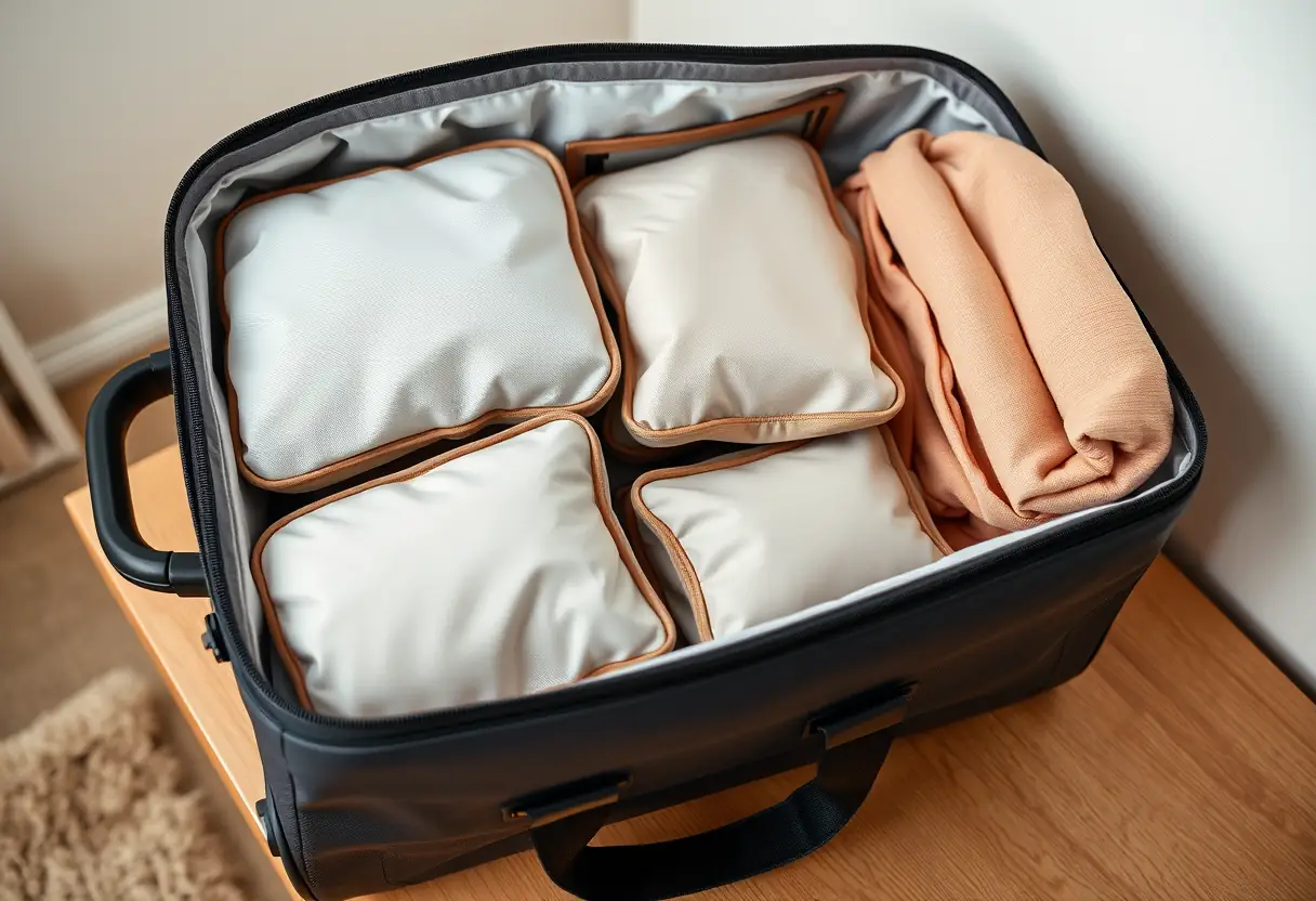 Des cubes de rangement sont soigneusement disposés à l'intérieur d'une valise cabine fermée, posée sur une commode de chambre.