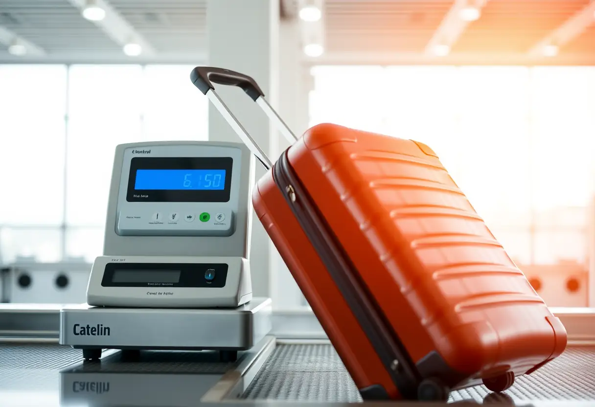 Un manche télescopique sortant d'une valise cabine rigide posée à côté d'un échelle de bagages prête pour le contrôle.