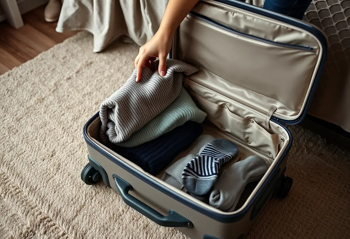 Une main en train d'ajouter un pull plié dans la couvercle ouverte d'une valise cabine souple sur un plancher de chambre, avec des chaussettes emballées visibles à l'intérieur.