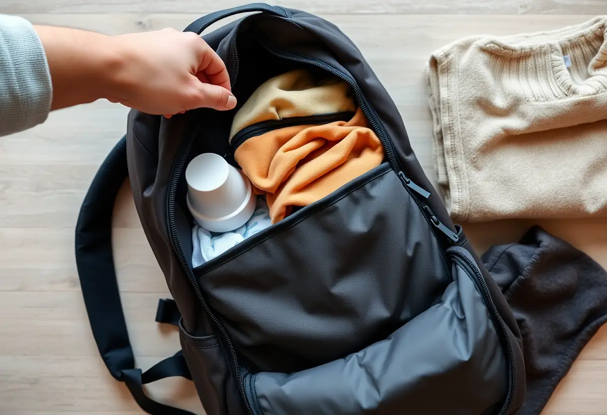 Une main refermant la fermeture éclair d'un sac à dos moyen contenant des produits de toilette et des vêtements, posé près d'une tenue pliée avec soin