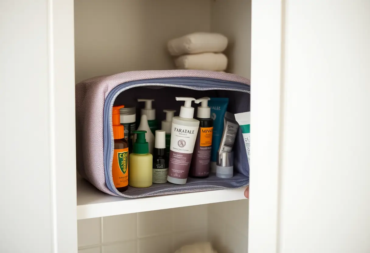Un kit de toilette ouvert sur une étagère de salle de bains, révélant des bouteilles et des tubes de divers produits de toilette à l'intérieur