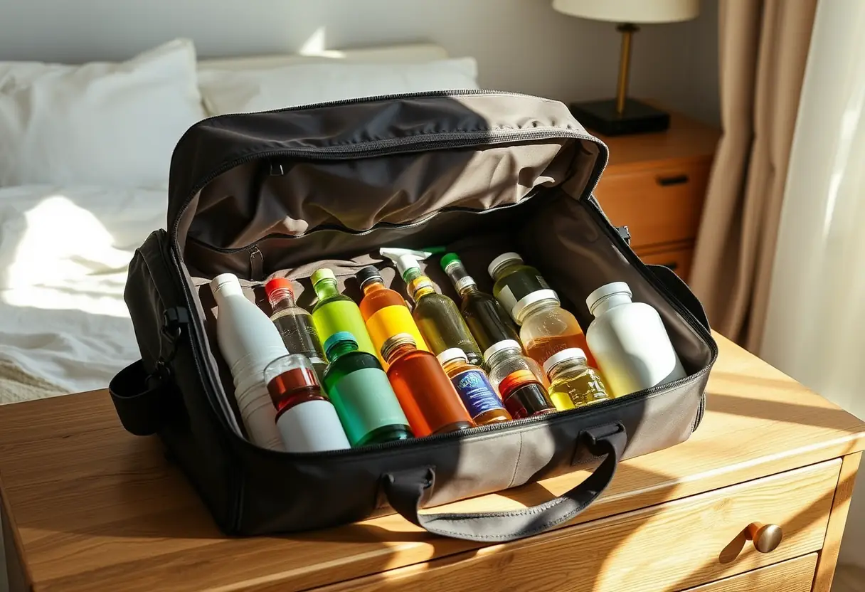 Un sac à dos de cabine ouvert sur une commode de chambre, révélant des bouteilles et des pots rangés avec soin