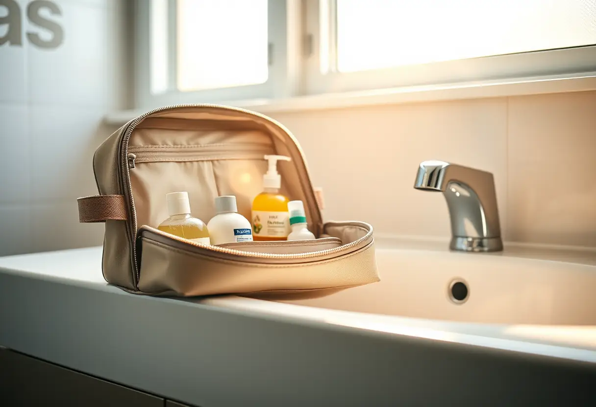 Un kit de toilette posé sur le lavabo de la salle de bain, à moitié ouvert pour montrer les différents conteneurs de liquides à l'intérieur