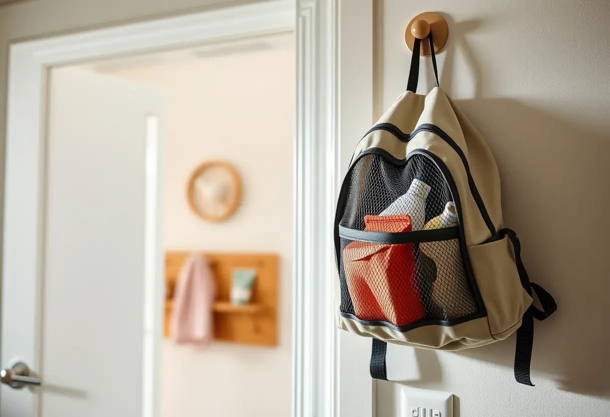 Un sac à dos en toile accroché à un porte-manteau dans une salle de bains d'une maison, avec des produits de toilette visibles à travers la maille