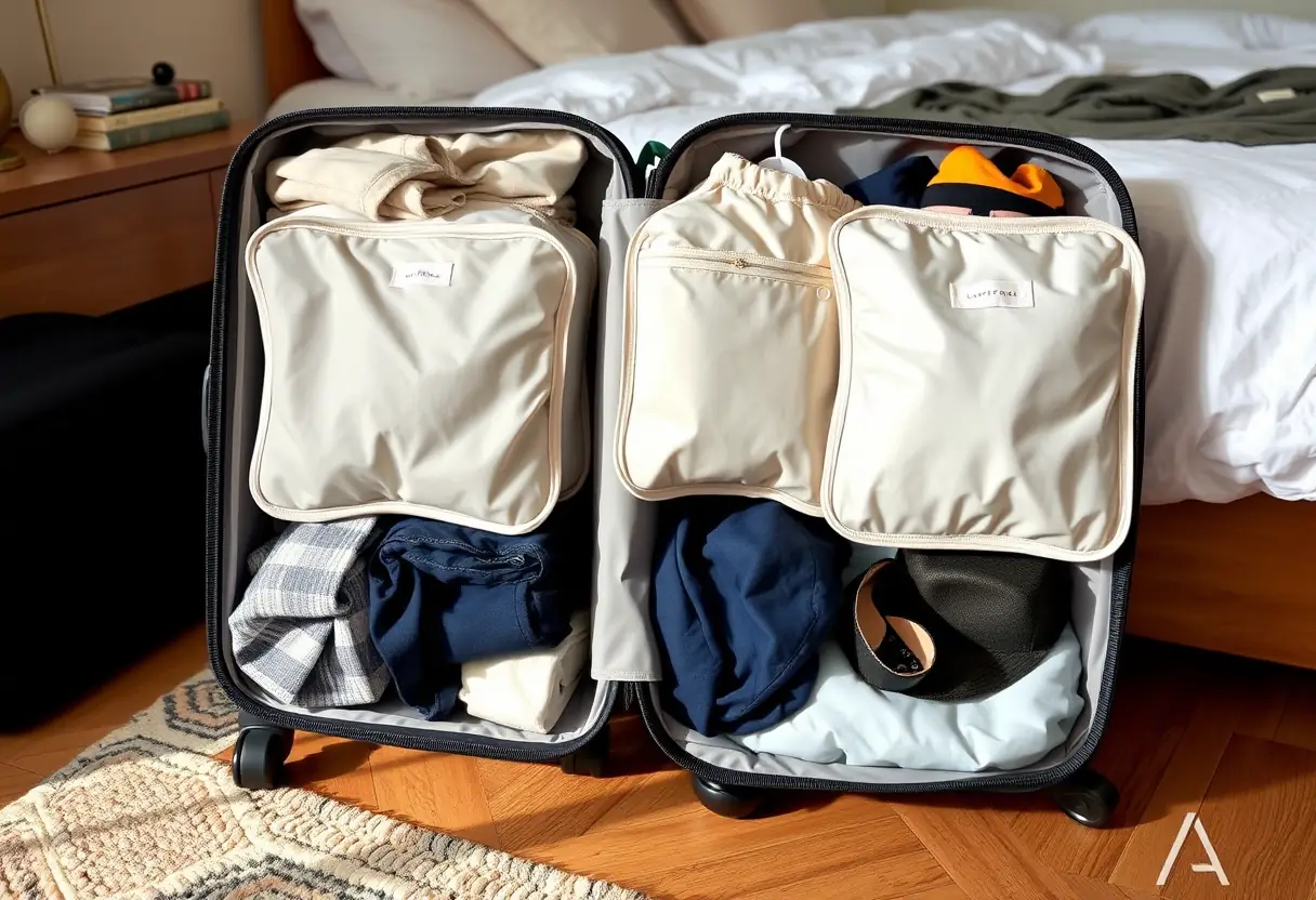 Des cubes de rangement disposés en ordre à l'intérieur d'une valise ouverte sur le plancher d'une chambre à coucher, montrant des vêtements et accessoires bien organisés