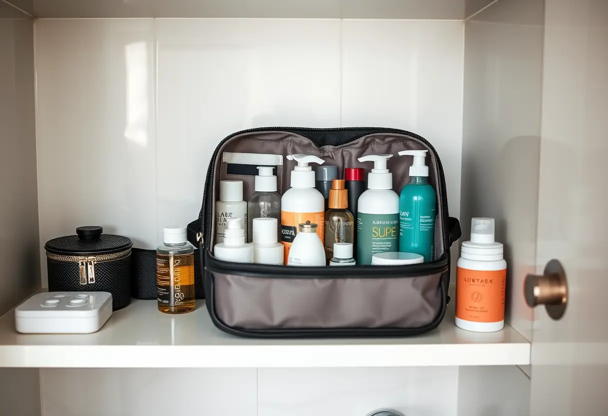 Un kit de toilette ouvert sur une étagère de salle de bain, contenant des bouteilles et récipients de voyage
