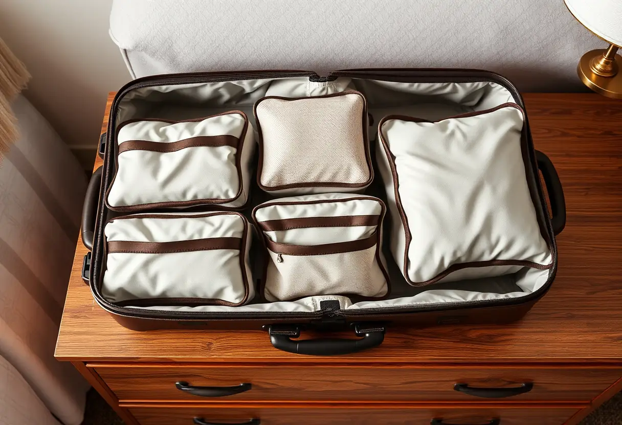 Des cubes de rangement bien disposés à l'intérieur d'une valise partiellement ouverte sur un meuble de chevet