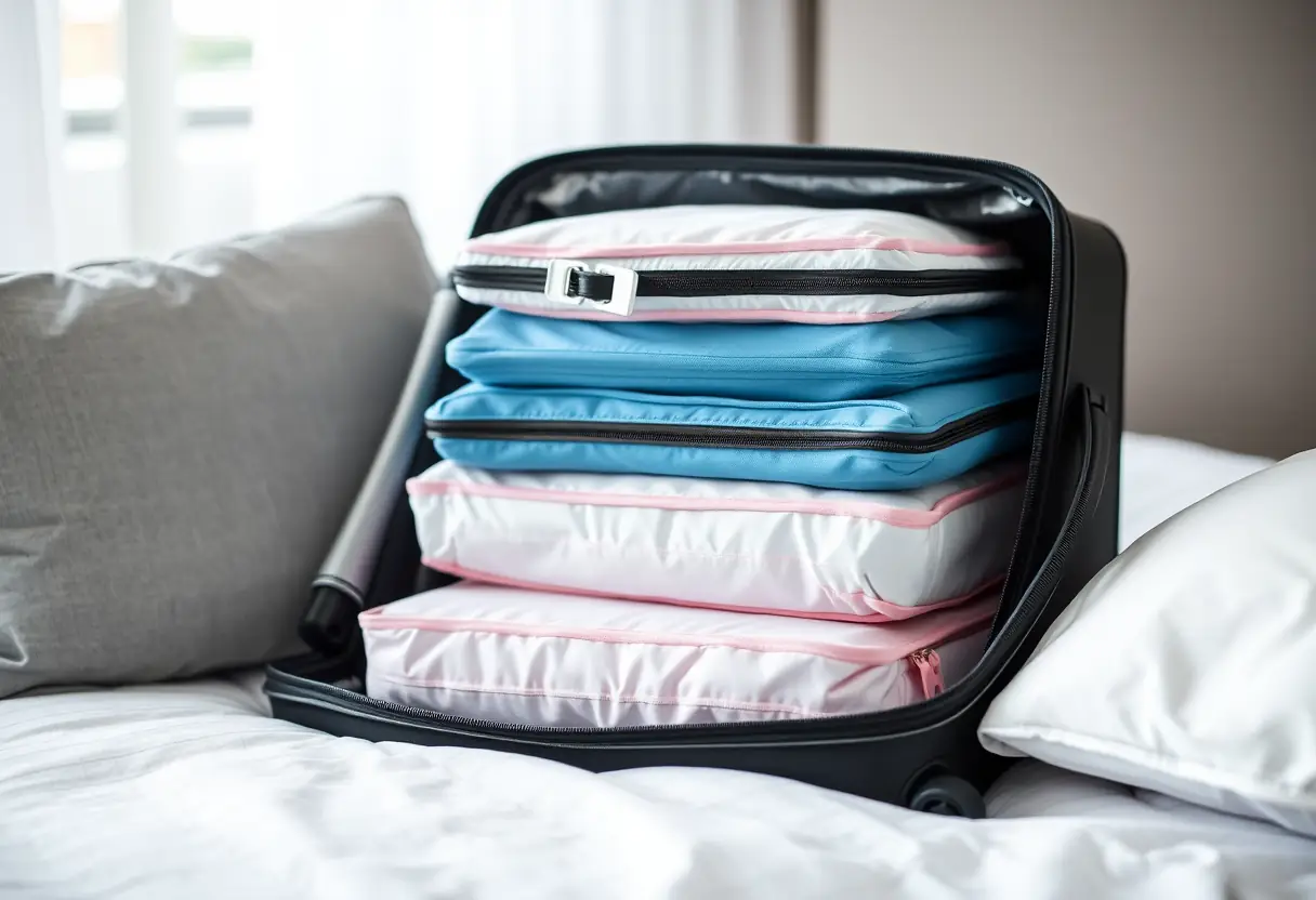 Des cubes de rangement empilés dans une valise moyenne posée sur un lit, prête à être zippée et emportée à l'aéroport