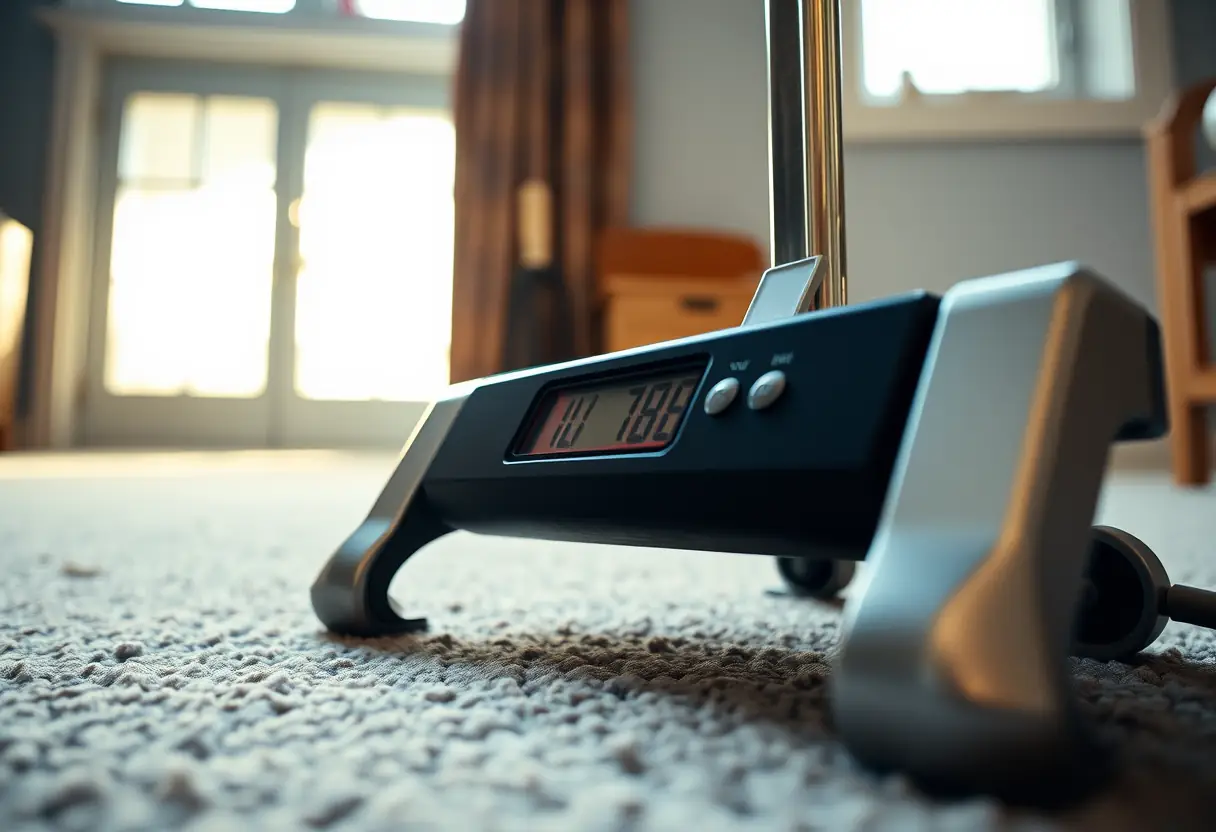 Un poids à bagages posé sur un tapis à la maison, éclairé par la lumière naturelle du jour