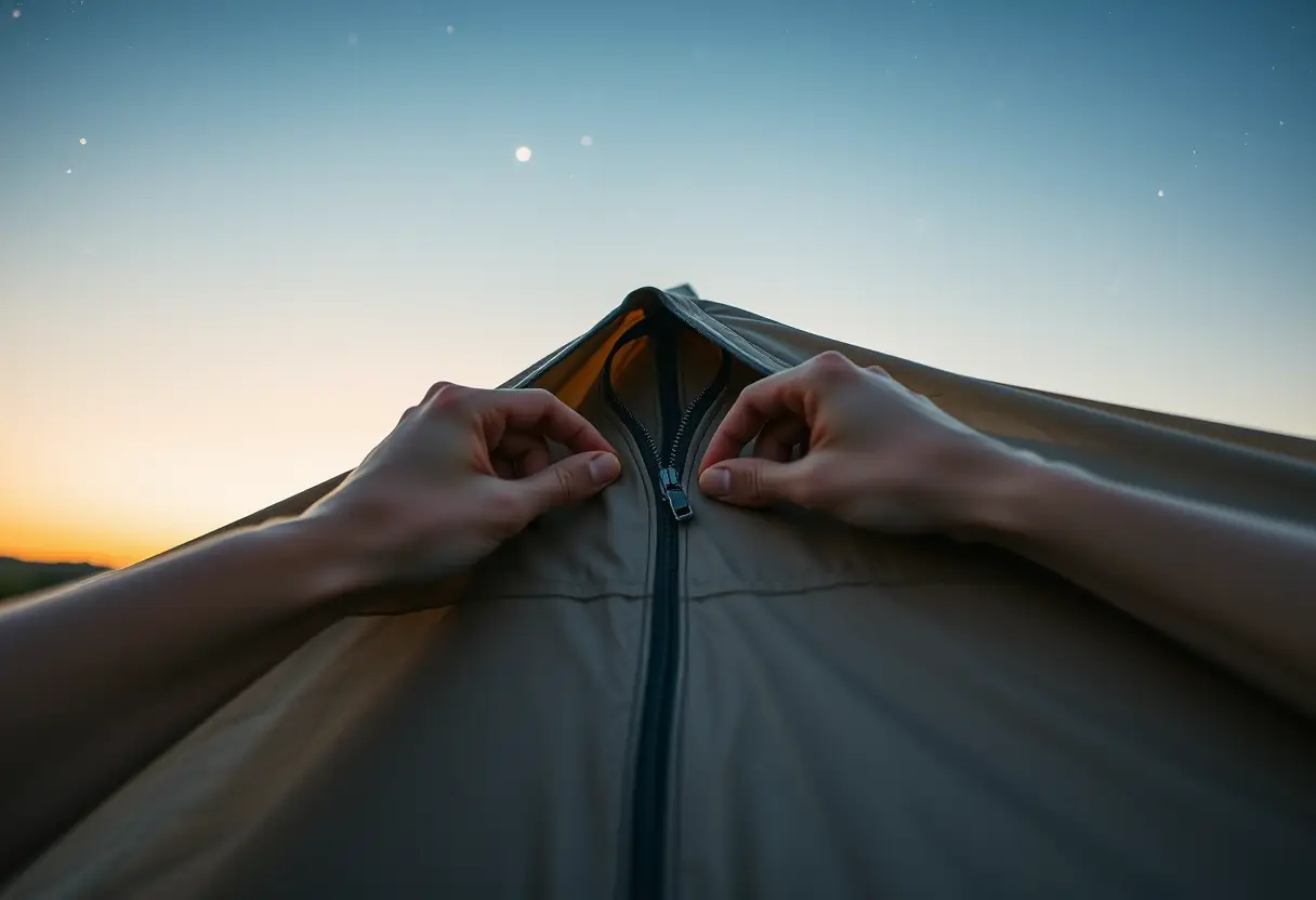 Des mains zippent une tente en toile au crépuscule, les étoiles commençant à scintiller au-dessus