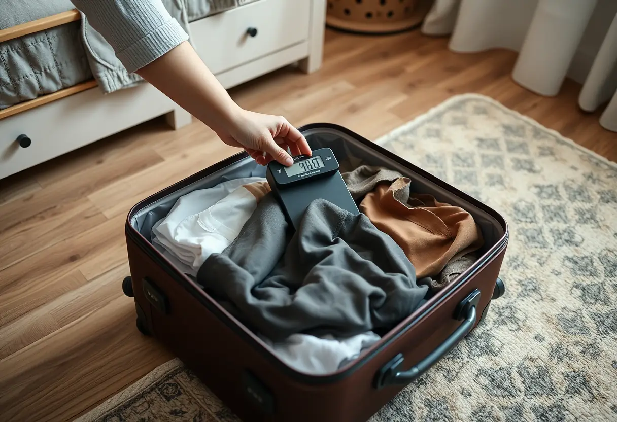 Une main pose une balance électronique sur le couvercle d'une valise ouverte remplie de vêtements et de produits d'hygiène personnelle, posée sur un plancher de chambre à coucher