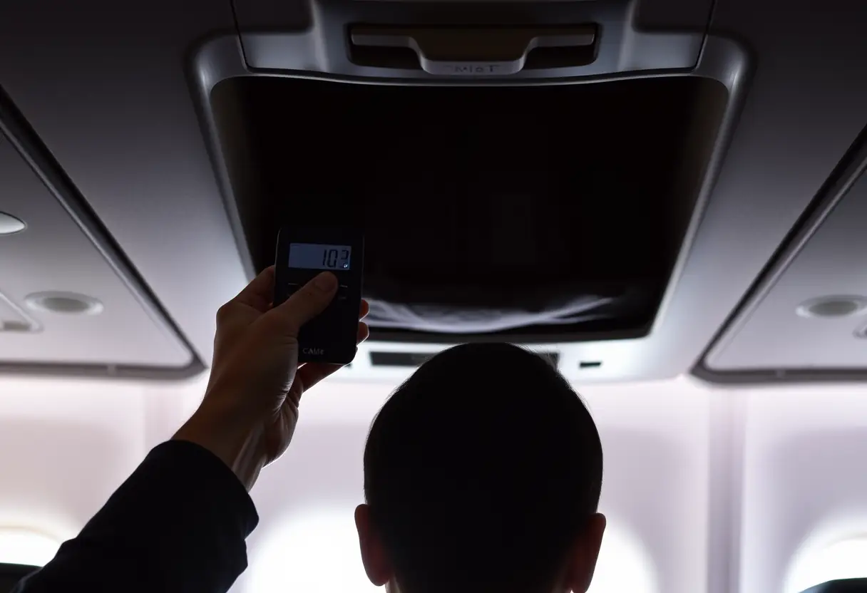 Un profil d'une personne tenant une balance électronique portable devant un compartiment de rangement d'avion plein contenant une valise cabine fermée