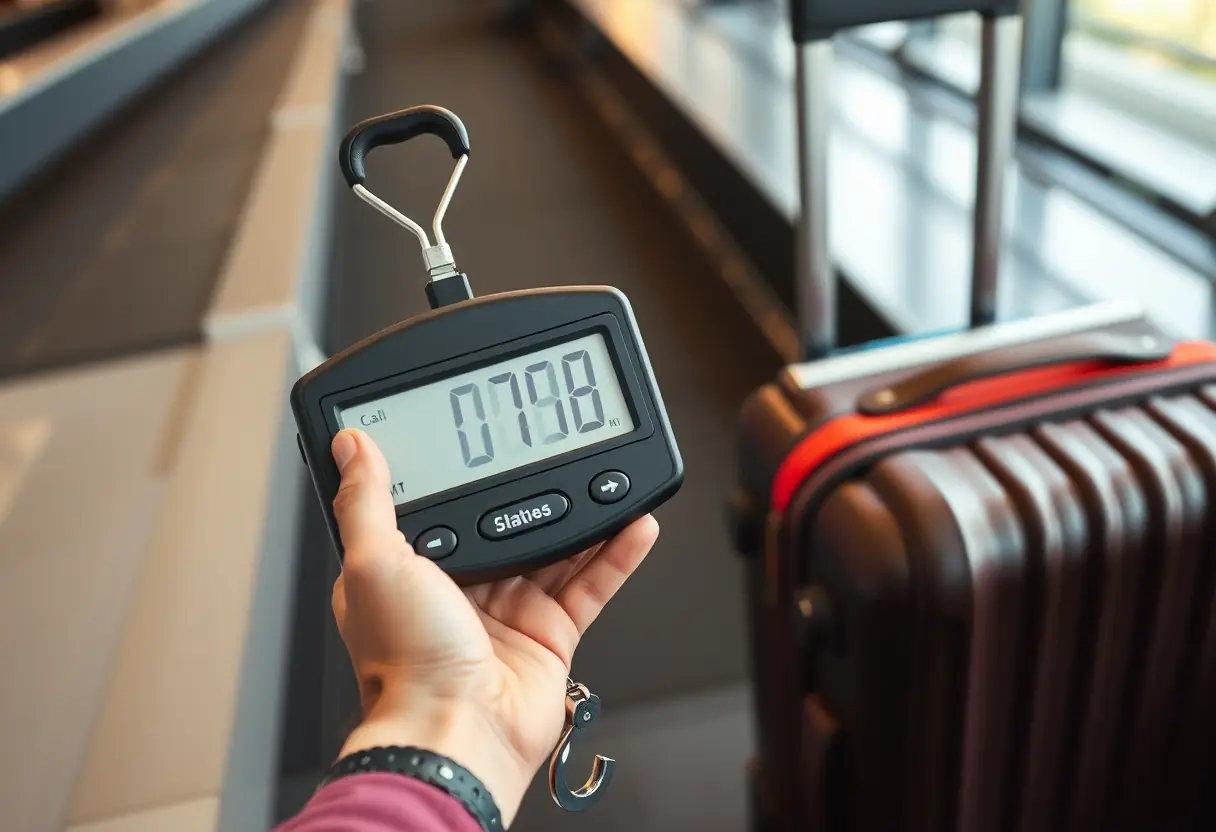 Une main tient un échelle de bagage près d'une valise sur un tapis de courroie