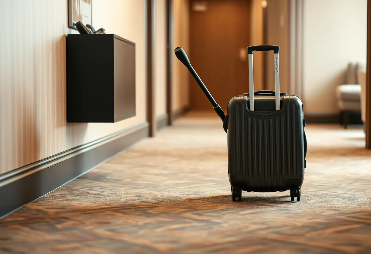 Un manche télescopique sortant d'une valise cabine rigide dans un couloir d'hôtel moquetté