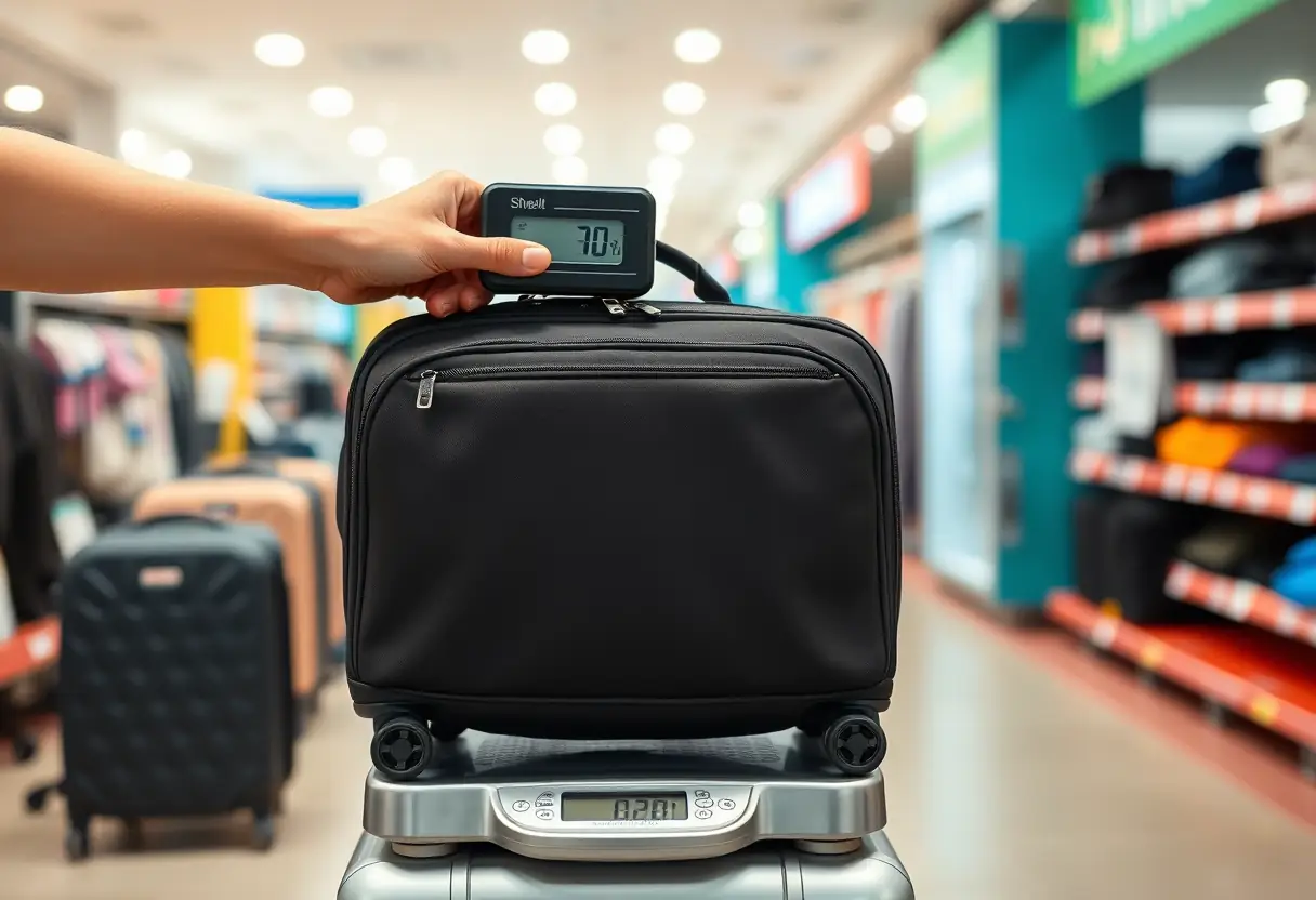 Une main posant un échelle de bagages sur une valise cabine souple de taille moyenne placée sur une balance dans un magasin de voyage