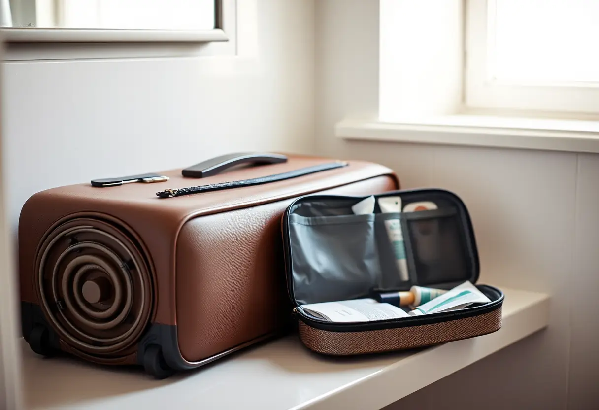 Une valise pliée posée sur une étagère de salle de bains avec un kit de toilette partiellement ouvert à côté