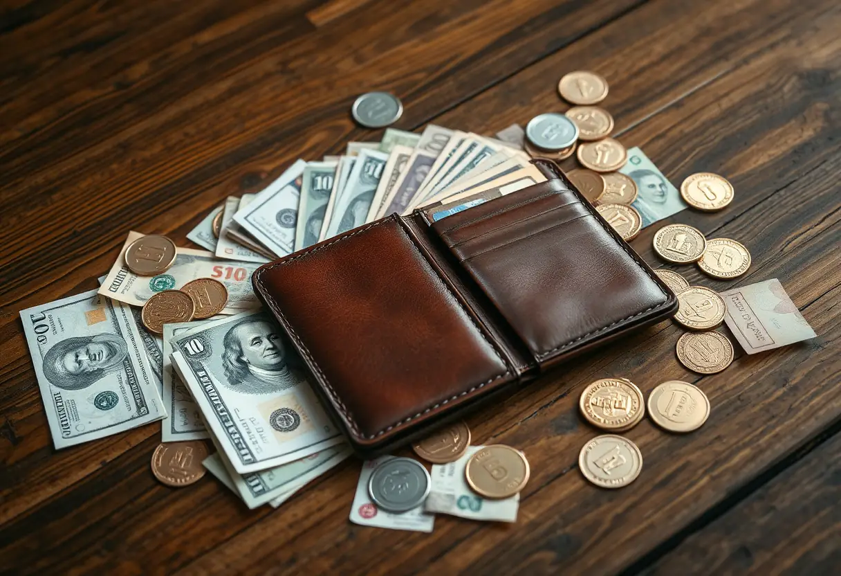 Un portefeuille en cuir ouvert sur une table en bois, rempli de diverses devises