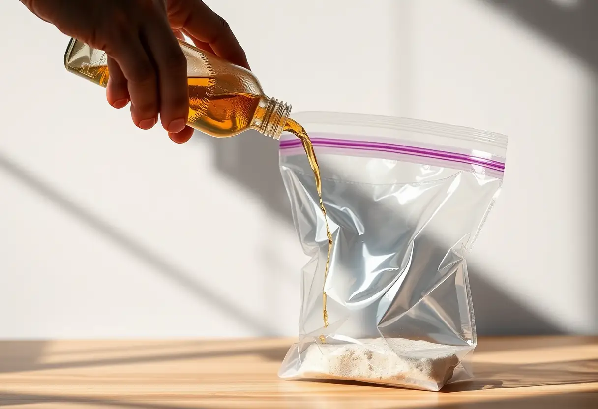 Une main verse un liquide d'une bouteille en plastique dans un sac à fermeture zippée transparent