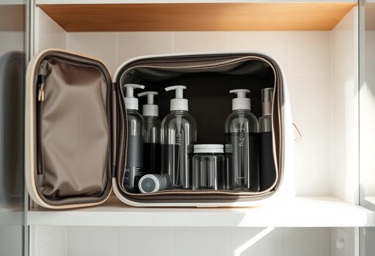 Un kit de toilette ouvert sur une étagère de la salle de bain, révélant plusieurs bouteilles et pots en plastique clair rangés avec soin à l'intérieur