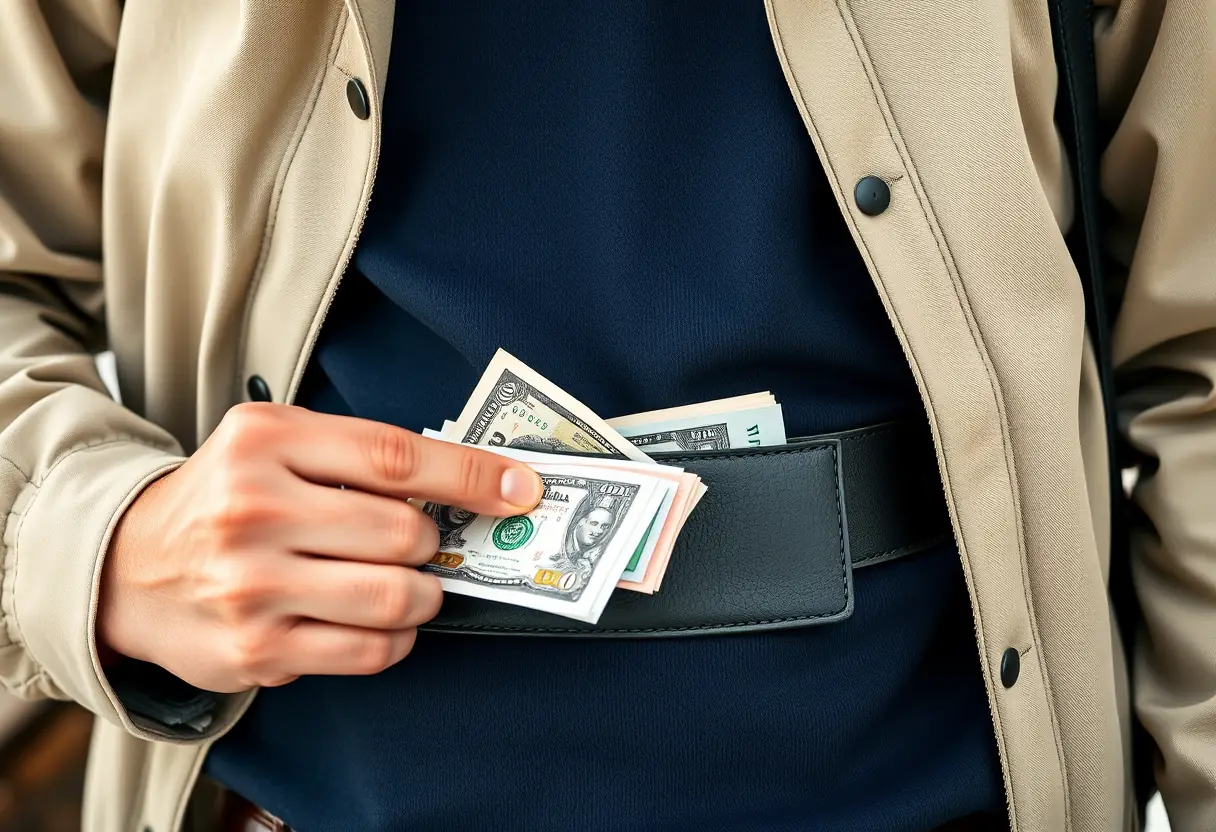 La main d'un voyageur en train de placer des billets dans une ceinture porte-monnaie rectangulaire