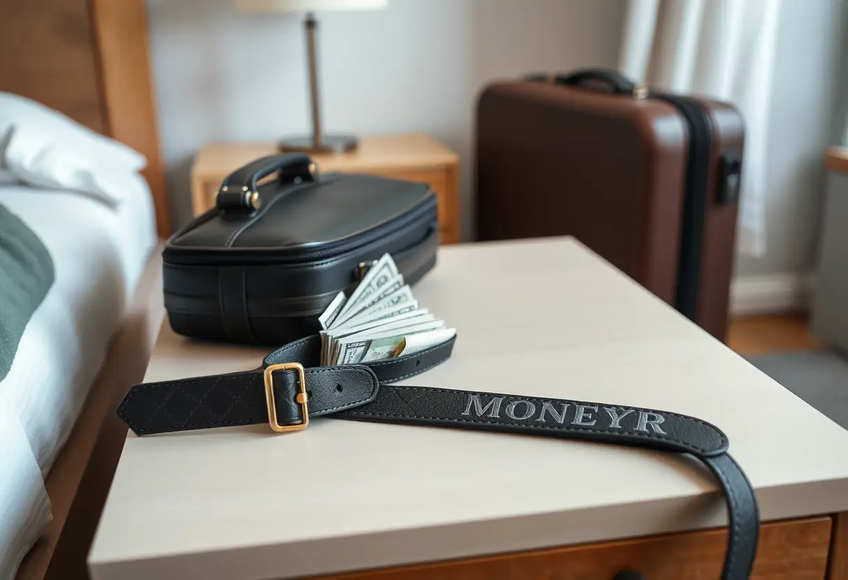 Une ceinture porte-monnaie pliée avec soin posée à côté d'une valise sur un meuble de la chambre, la ceinture montrant plusieurs compartiments pour organiser les billets