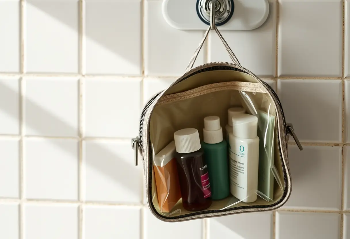 Un sac de toilette accroché à un anse dans une salle de bains, à l'intérieur on distingue de petites bouteilles et tubes de produits liquides