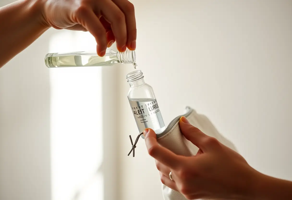 Une main qui verse un liquide clair dans une petite bouteille tandis qu'une autre tient un sac de toilette