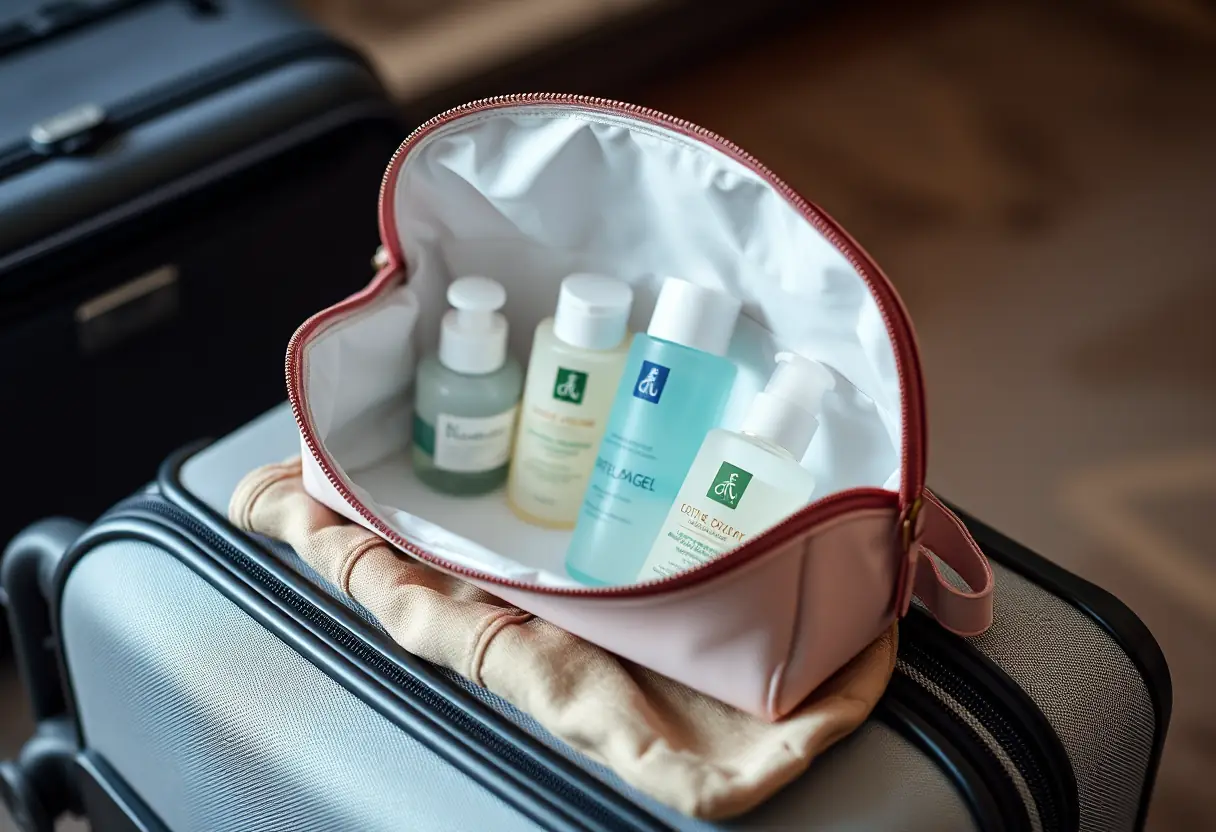 Un sac de toilette bien rempli posé sur une valise parfaitement rangée