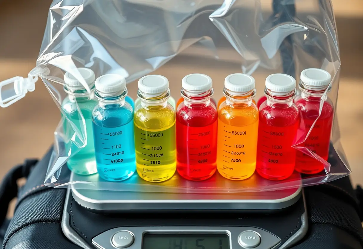 Un sac plastique translucide contenant plusieurs petites bouteilles marquées avec leur volume en millilitres, posées à plat sur un peson de bagages