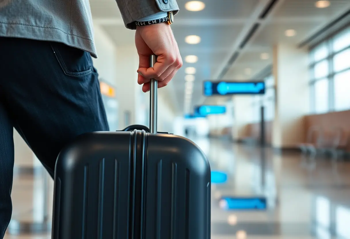 La main d'un voyageur ajustant la poignée télescopique d'une valise dans un couloir d'aéroport