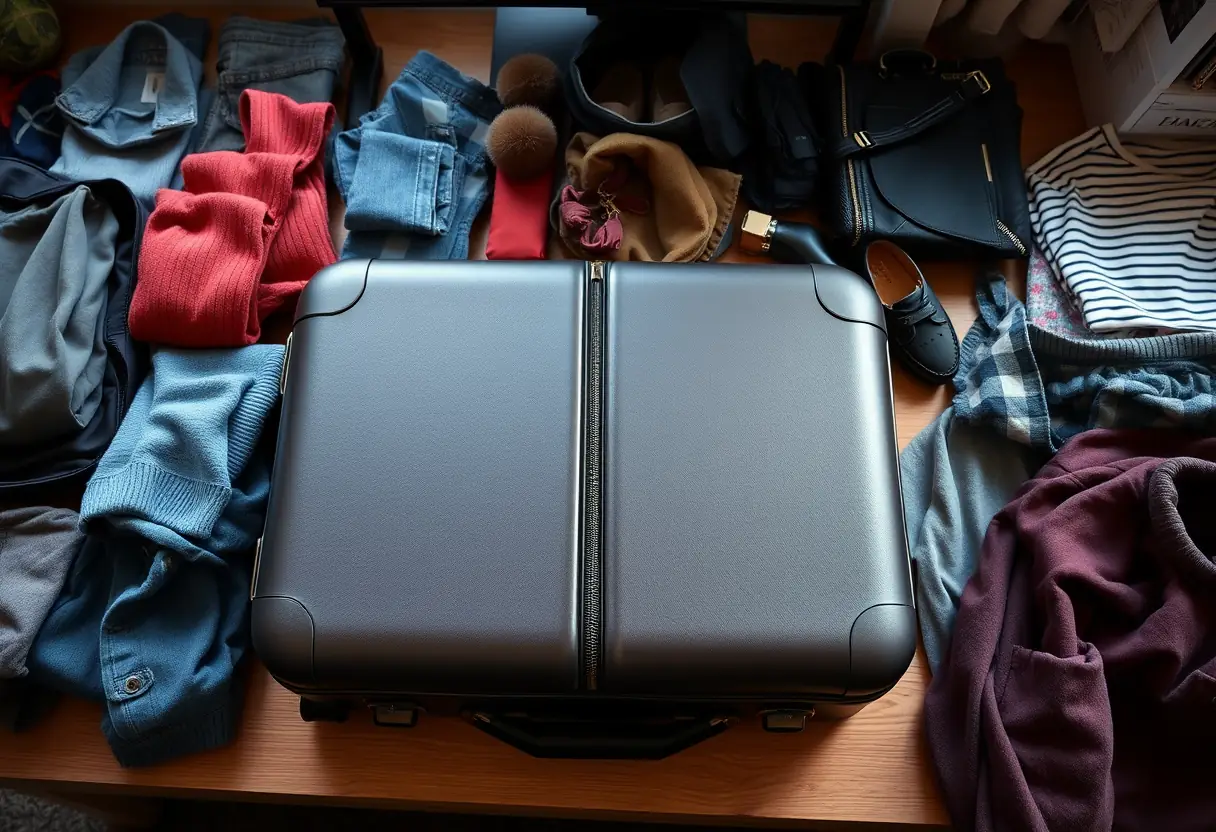 Un sac rectangulaire fermé avec une fermeture métallique posé sur un bureau familial entouré de vêtements et d'accessoires de voyage