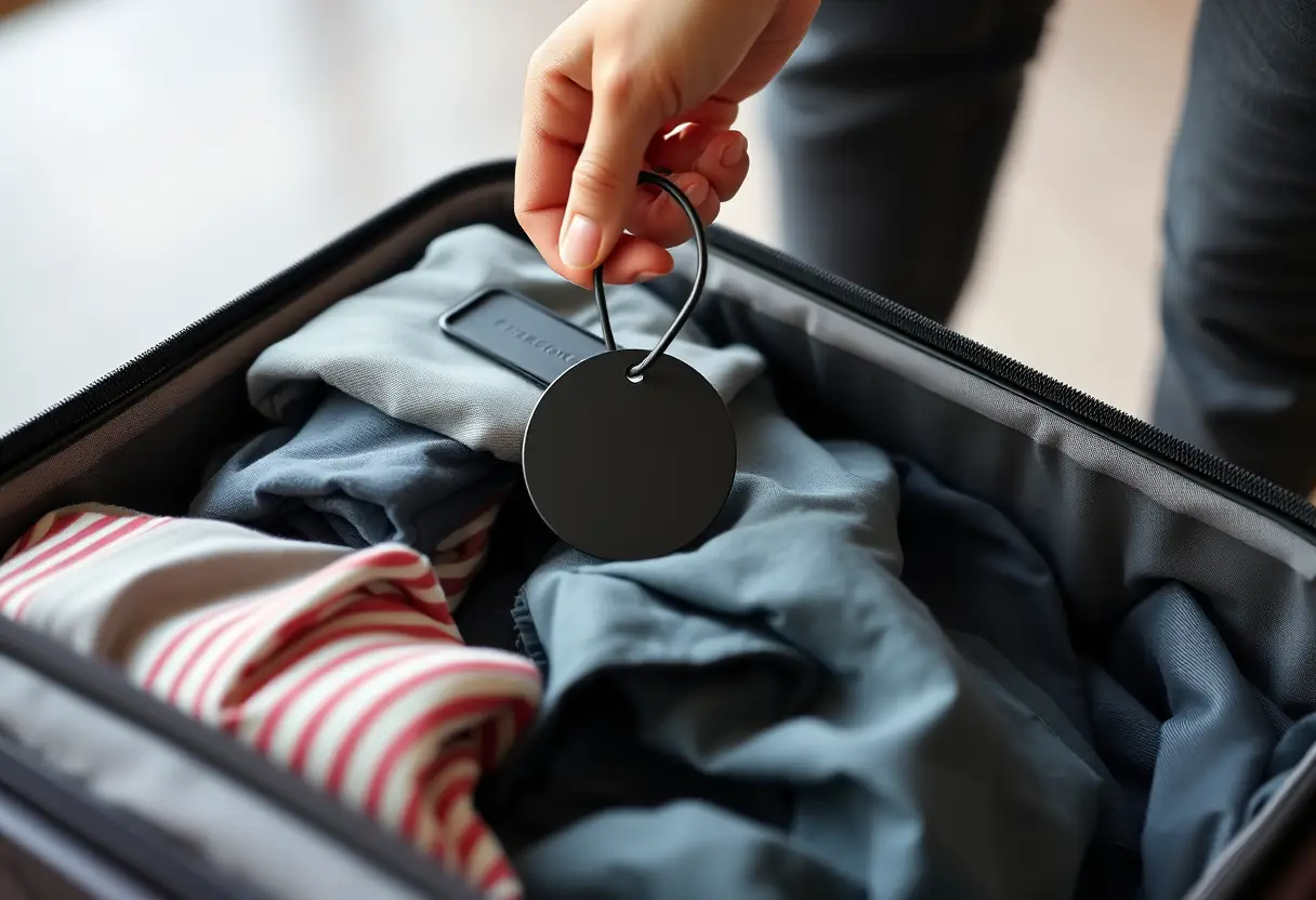 Une main pose un tag noir rond sur la poignée d'une valise ouverte remplie de vêtements