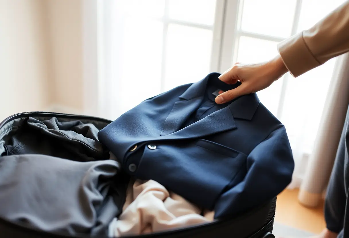 Une main place un vêtement plié avec soin dans une valise ouverte, à l'intérieur de la valise se trouvent divers vêtements, la lumière du soleil filtre à travers une fenêtre voisine