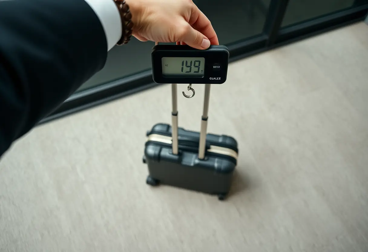 Une main tient un petit poids de bagage, la balance soulève une valise moyenne posée sur un tapis