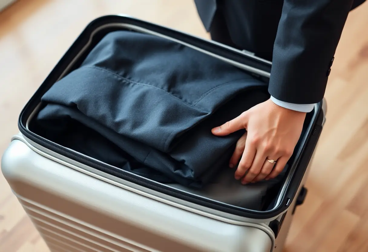 Une main place avec soin un vêtement plié dans une valise rigide moyenne