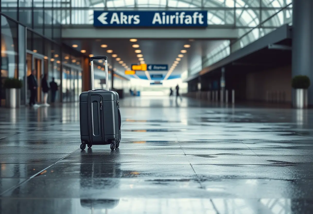 Les roues d'une valise roulent sur l'asphalte mouillé devant l'entrée d'un aéroport