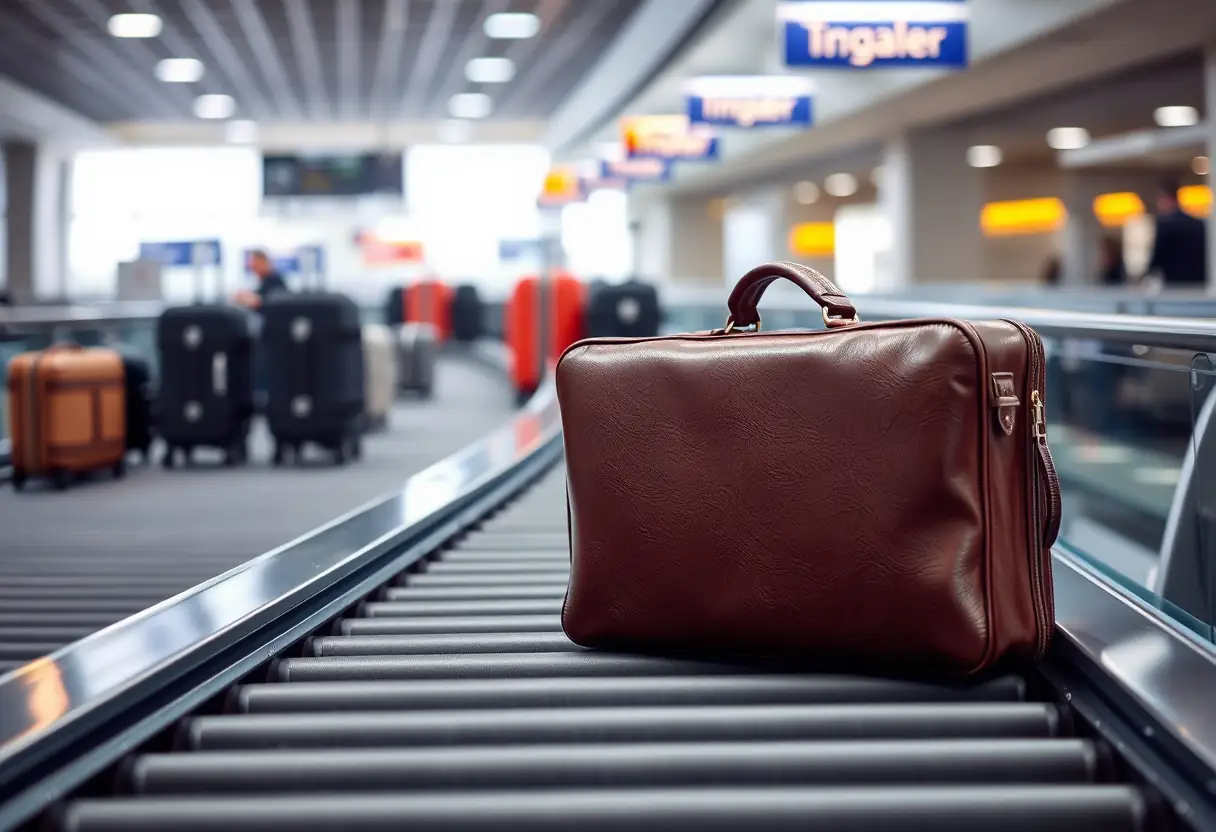 Une valise en cuir posée sur un tapis roulant d'aéroport, plusieurs autres valises visibles derrière.
