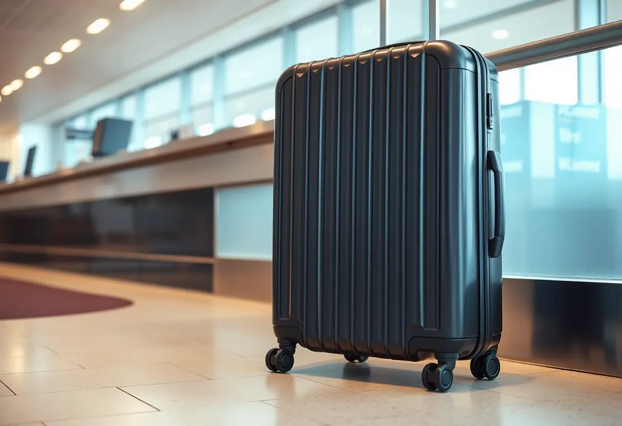 Une valise rectangulaire fermée posée à côté d'un comptoir d'enregistrement avec une ceinture de convoyeur derrière