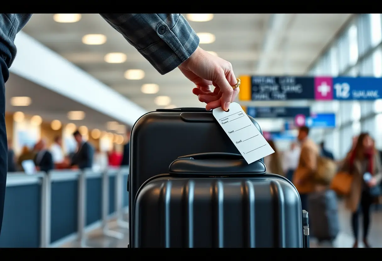 Une main posant une étiquette de bagage sur une valise cylindrique grande dans une zone d'enregistrement occupée