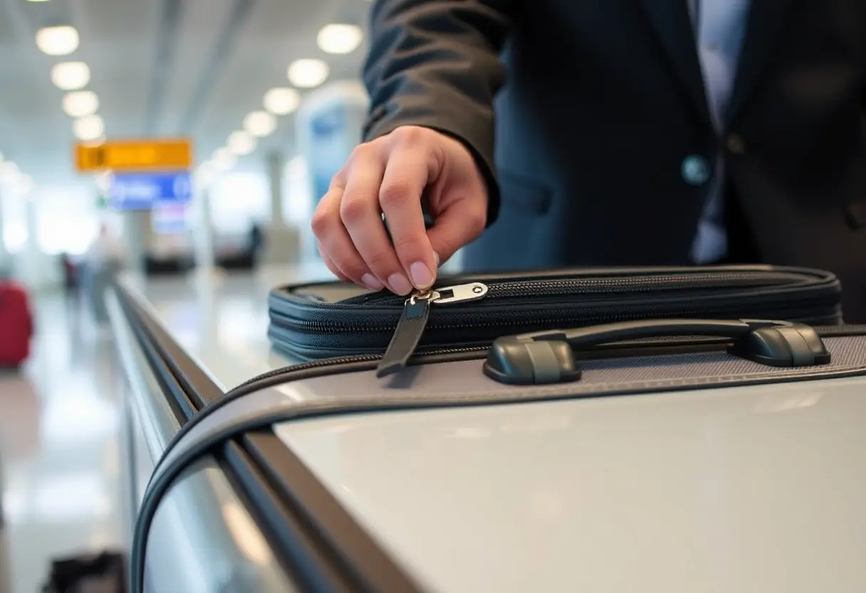 Une main refermant la fermeture éclair d'une valise à côté d'un comptoir d'enregistrement d'aéroport.
