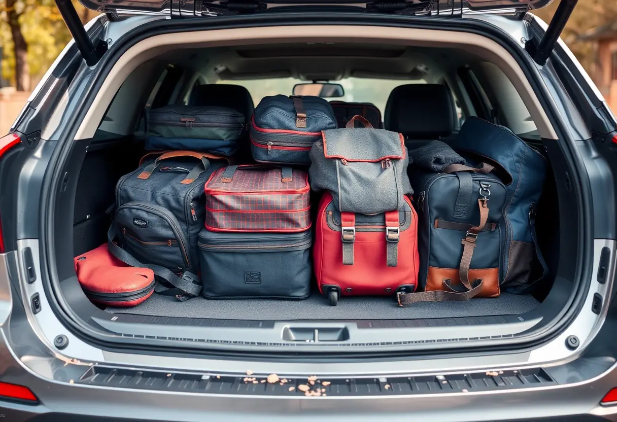 Un coffre de voiture rempli de valises et de sacs à dos rangés soigneusement après un voyage