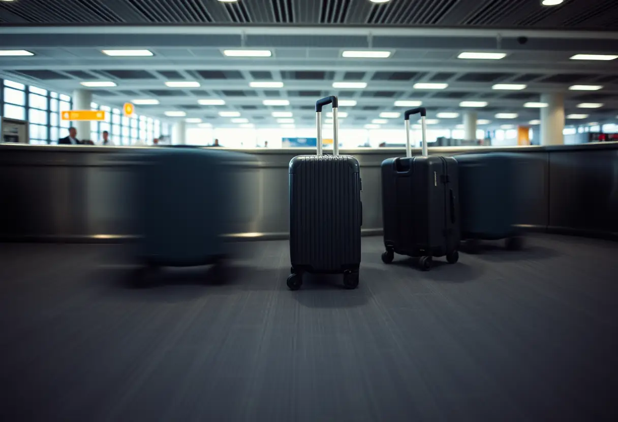 Des roues d'une valise tournant sur un tapis de bagages dans un aéroport