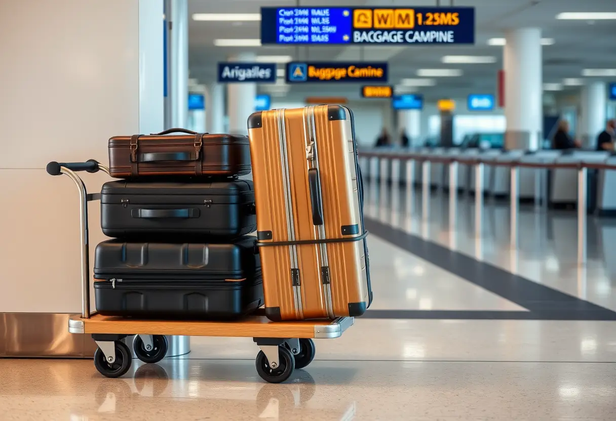 Un chariot rectangulaire en bois chargé de valises sur roues près de la ceinture des bagages