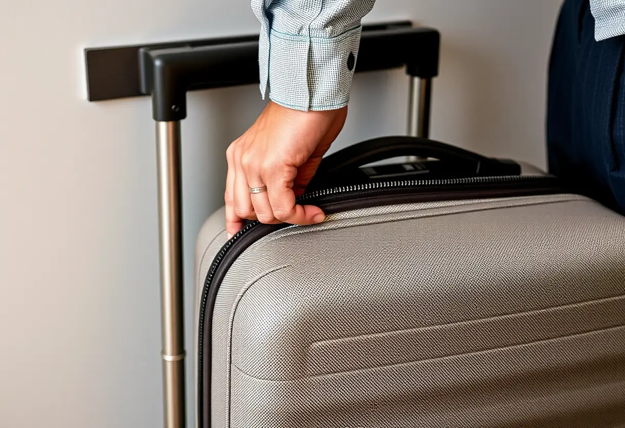 La main d'une personne en train d'ouvrir la fermeture à glissière d'une valise posée sur un porte-bagages d'hôtel