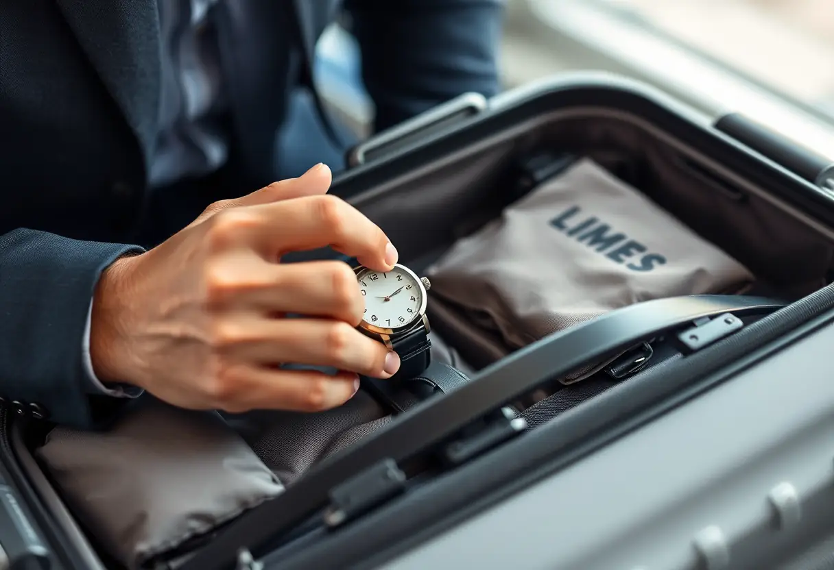 Un voyageur place une montre à bracelet dans une valise, se préparant pour un voyage afin d'ajuster son horaire à celui du nouveau lieu