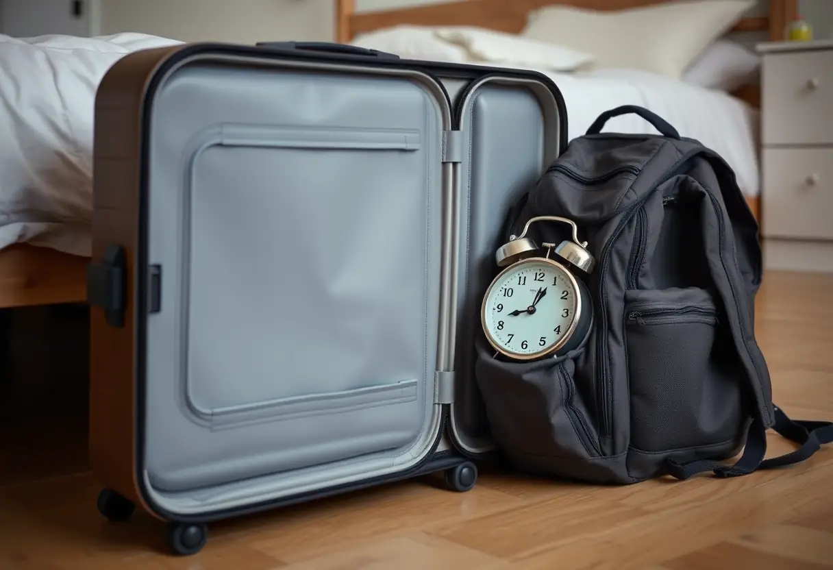 Une valise fermée avec une alarme digitale visible à travers une fenêtre transparente, posée à côté d'un sac à dos déjà emballé sur le plancher d'une chambre