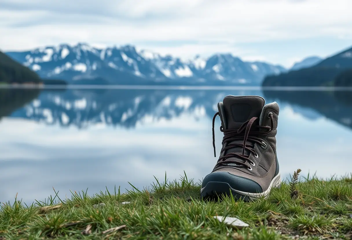Des chaussures de randonnée reposent près d'un lac calme, reflétant l'eau paisible et les sommets enneigés