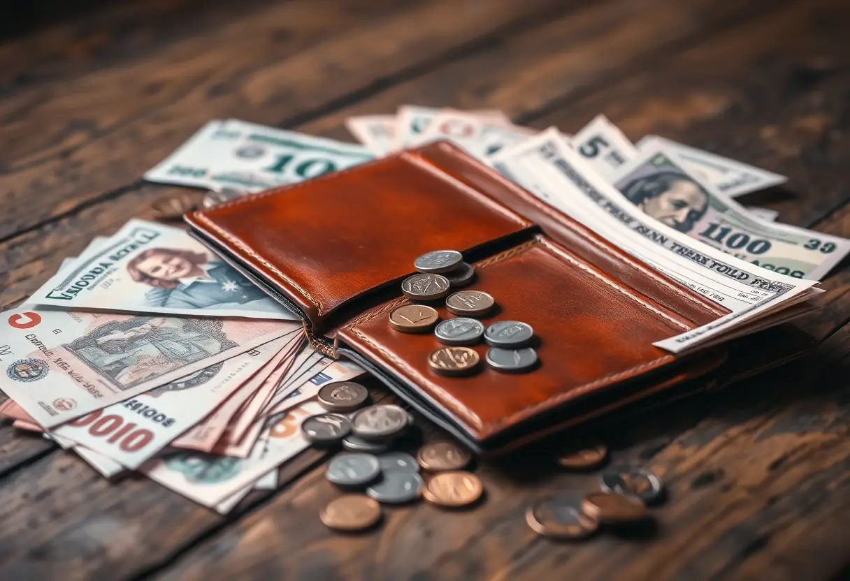Un portefeuille en cuir ouvert sur une table en bois, rempli de billets et de pièces de monnaie