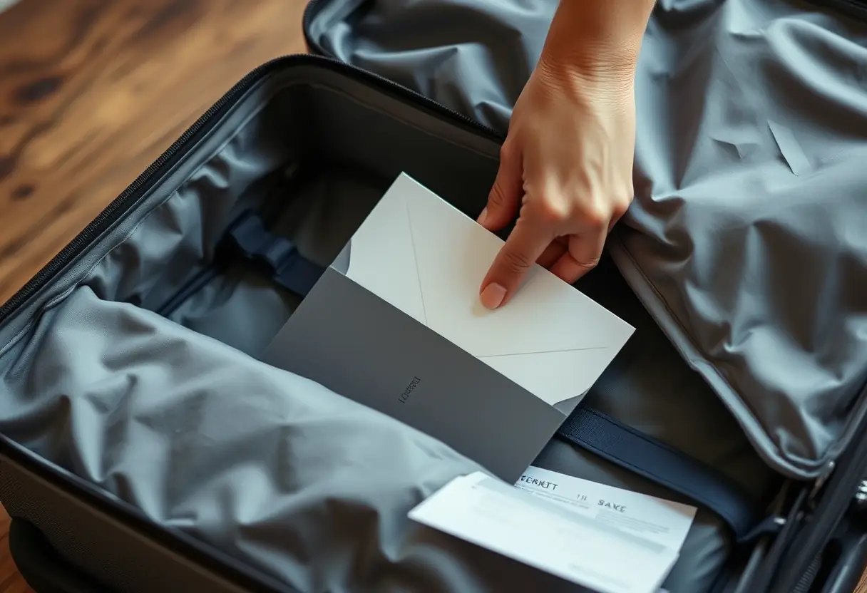 Une main déposant avec précaution une enveloppe fermée dans un bagage partiellement emballé