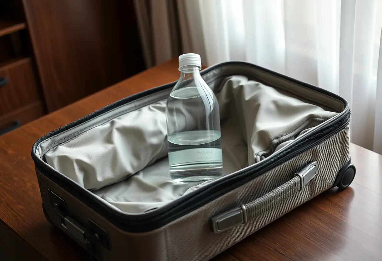 Un sac de voyage à fermeture éclair partiellement ouvert sur une table d'hôtel, révélant une bouteille en plastique translucide remplie de liquide